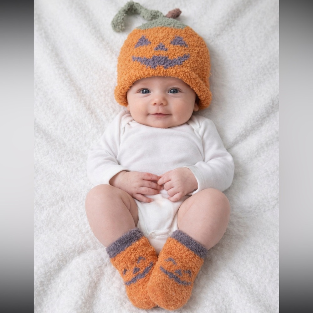 Mud Pie orange fuzzy Halloween pumpkin hat matching sock set size 0-6M